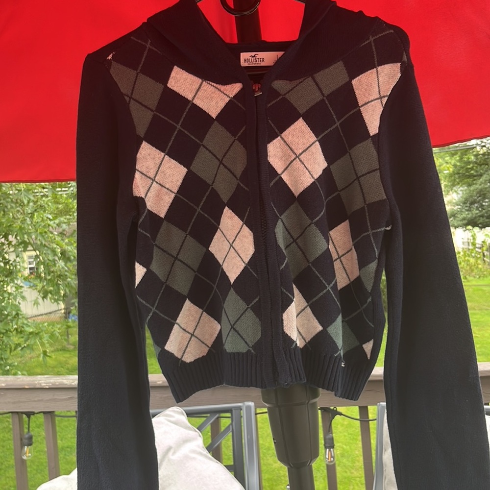 Hollister Blue And Green Plaid Zip Up Sweater